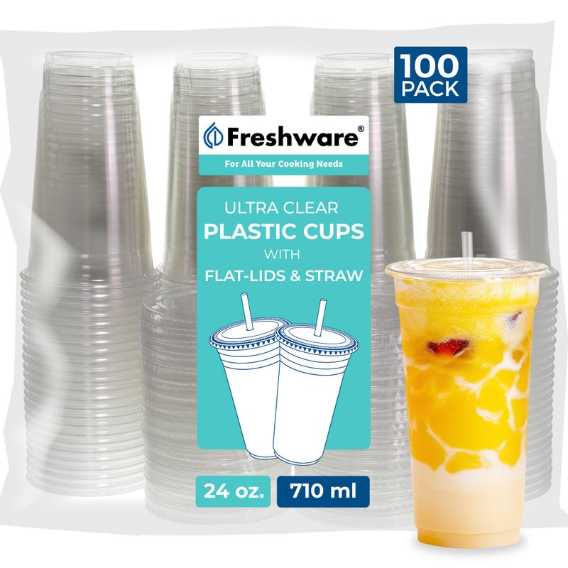 Freshware 24 oz Clear Disposable Plastic Cups with Flat Lids and Straws 100 Pack Clear Plastic Cups Tumblers Heavyduty Party Glasses Disposable Cups for Thanksgiving Halloween Christmas Party